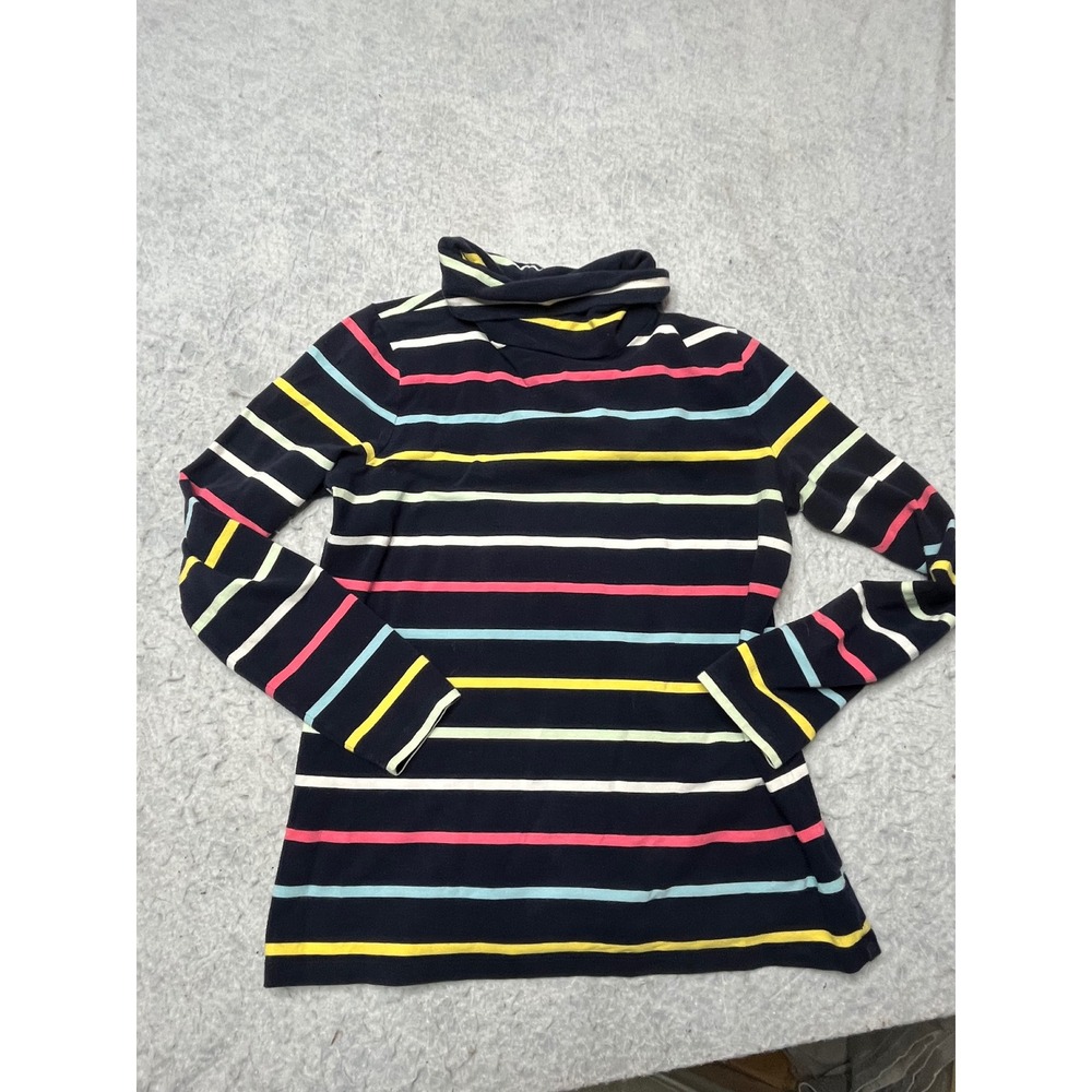 Talbots Womens Petite Small SP Navy Blue Multi Color Striped Turtleneck Top